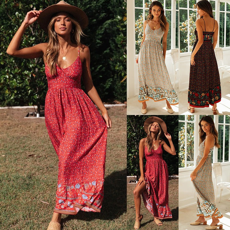 Summer Boho V Neck Elegant Floral Maxi Sundress Dress