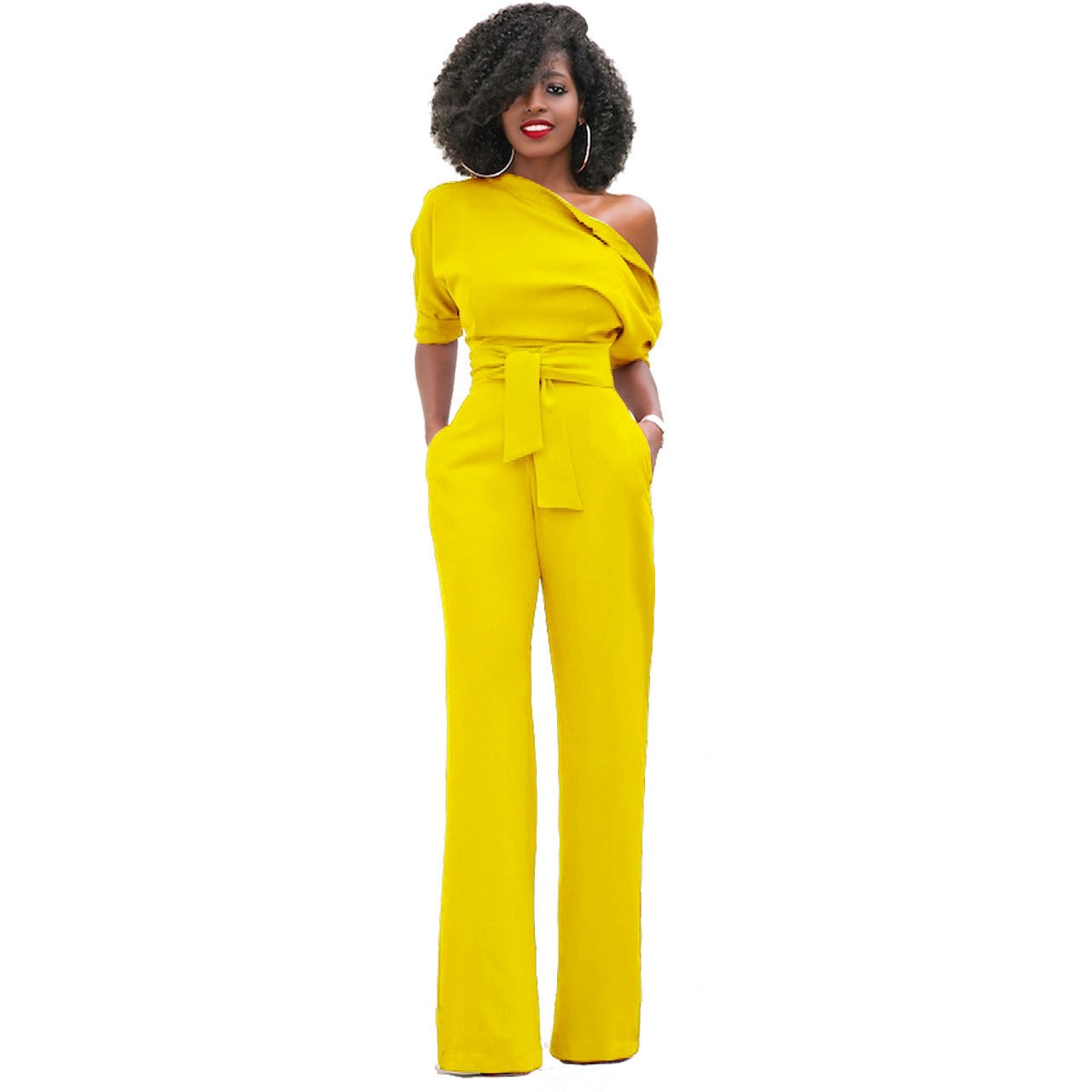 Sexy Diagonal Collar Button Up Jumpsuit