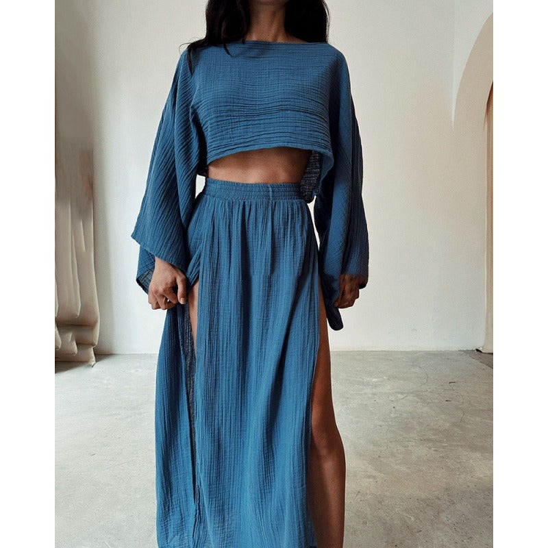 Linen Blend Crop Top & High Slit Skirt