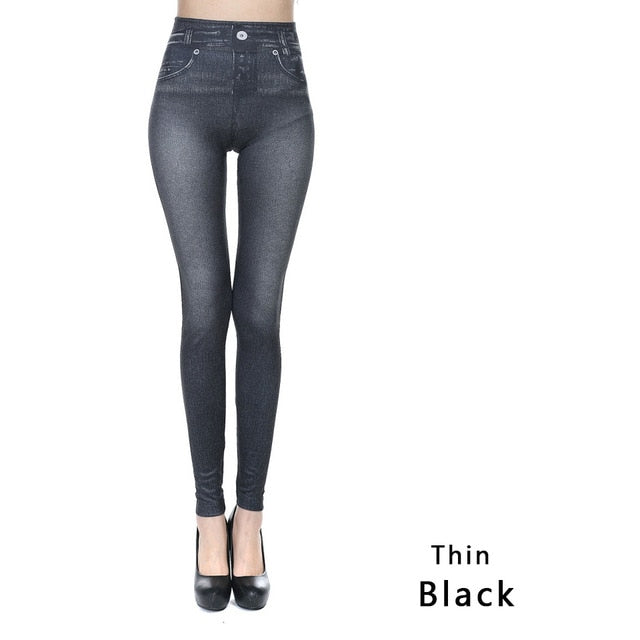 Fashion Faux Denim Jeans Leggings With Pockets