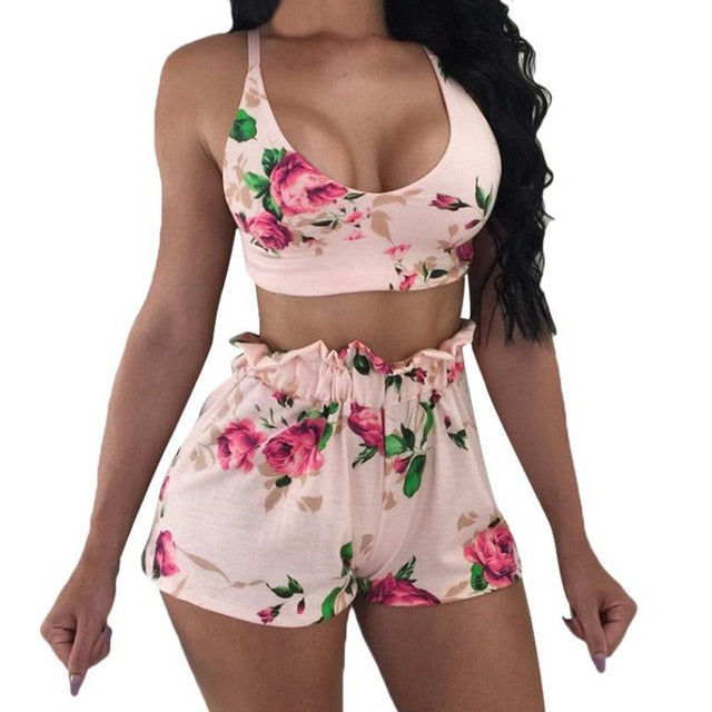 Casual Floral Print Crop Tank & Shorts Set