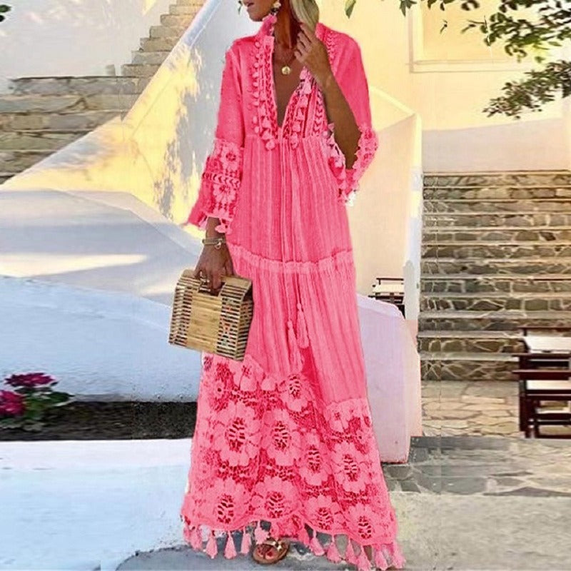 Embroidered Bohemian V-Neck Maxi Dress