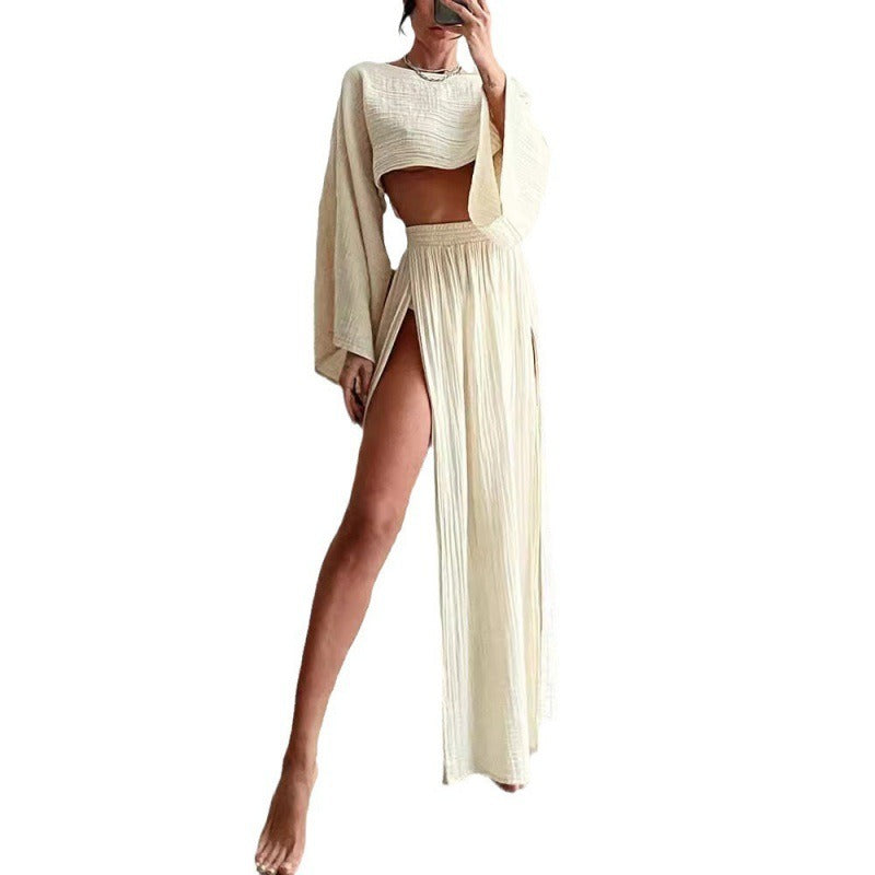 Linen Blend Crop Top & High Slit Skirt