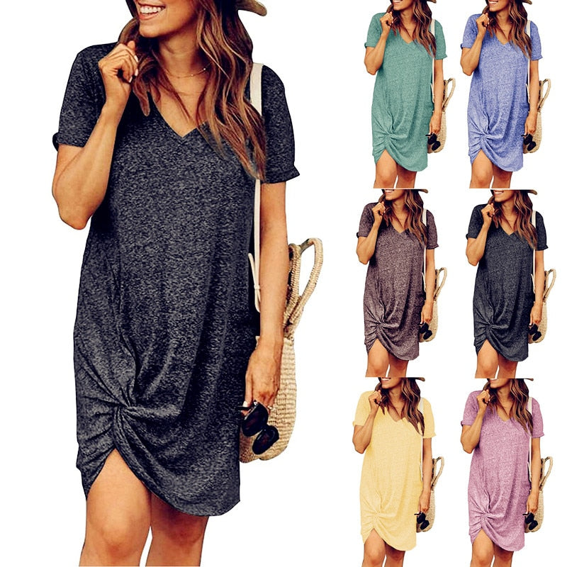 Casual Loose Knotted Front V Neck T Shirt Dress