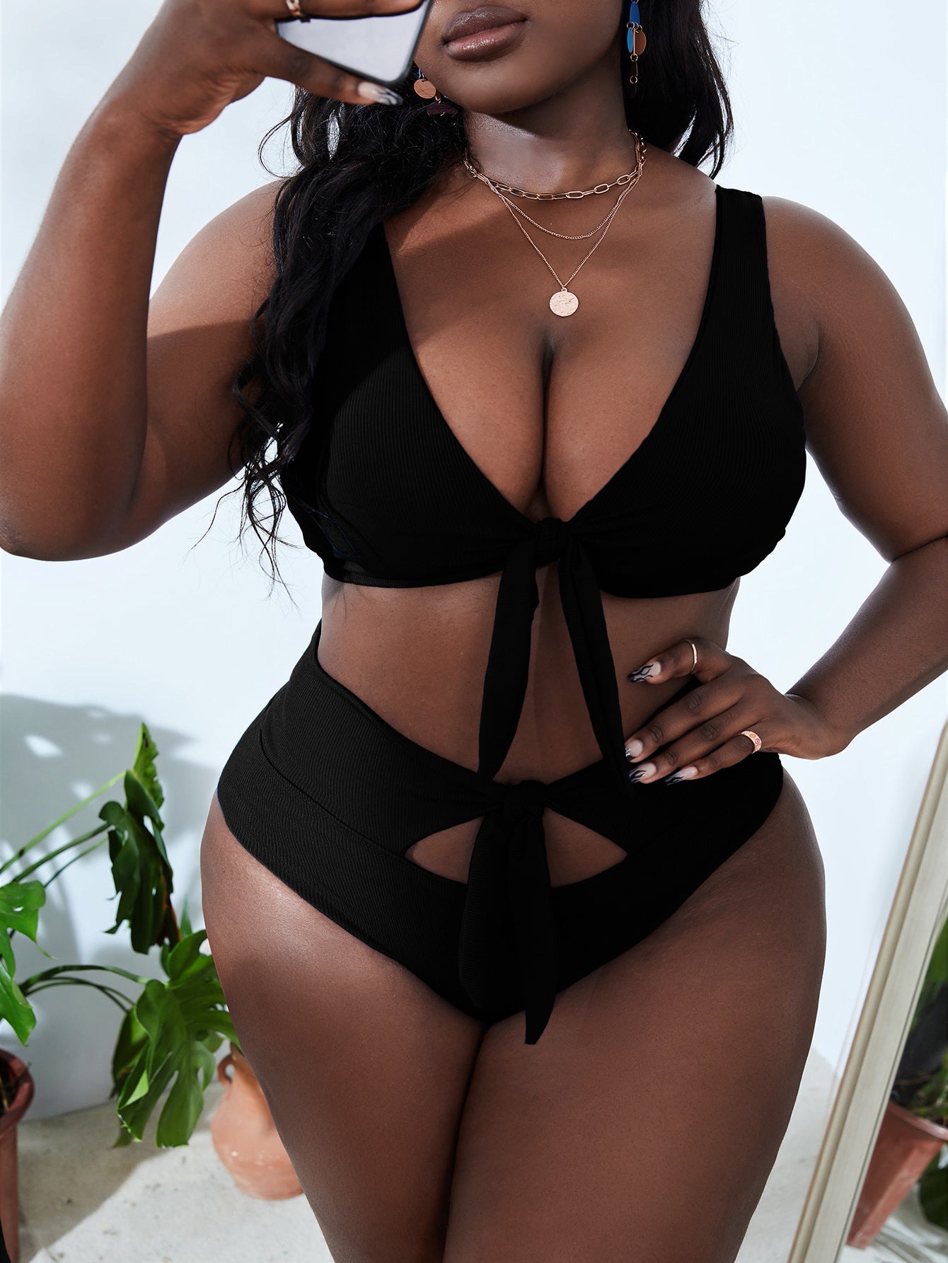 Sexy Explosion High Waist Plus Size Padded Cutout  Knotted Bikini