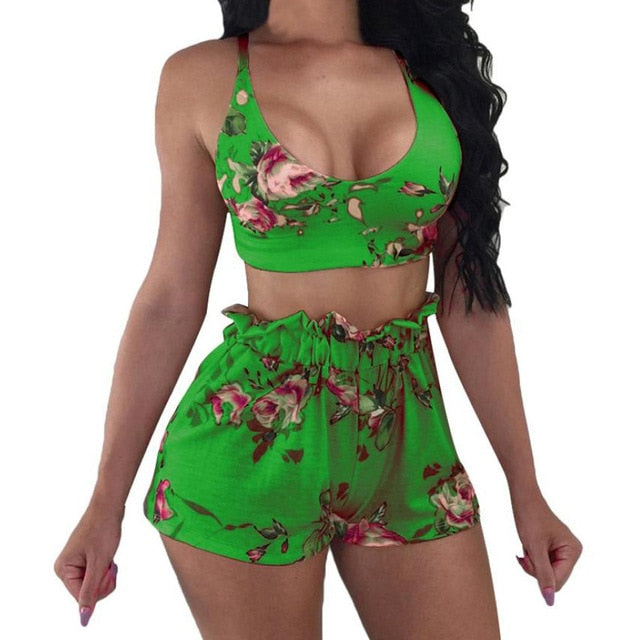 Casual Floral Print Crop Tank & Shorts Set