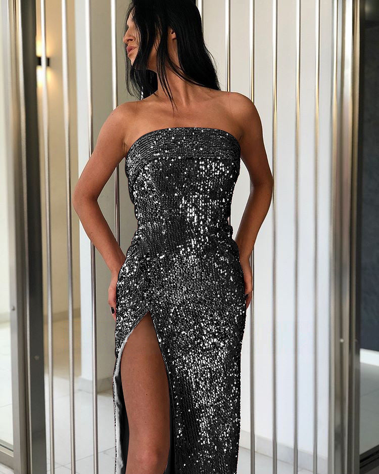 Sexy Strapless Stretch Tube Top Sequin Silver Front Slit Long Dress