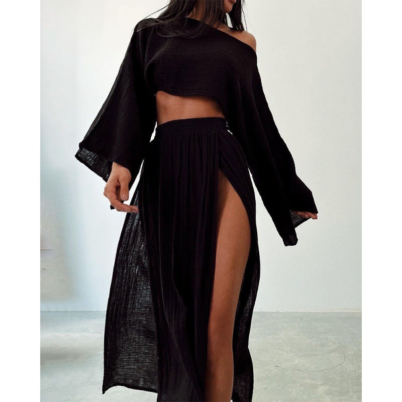 Linen Blend Crop Top & High Slit Skirt