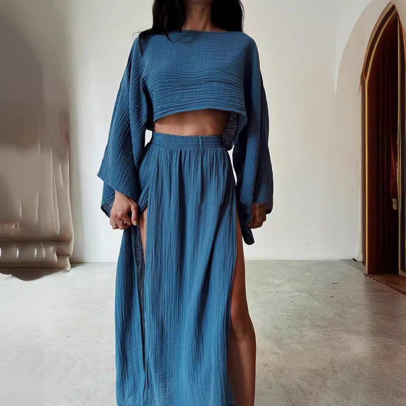 Linen Blend Crop Top & High Slit Skirt