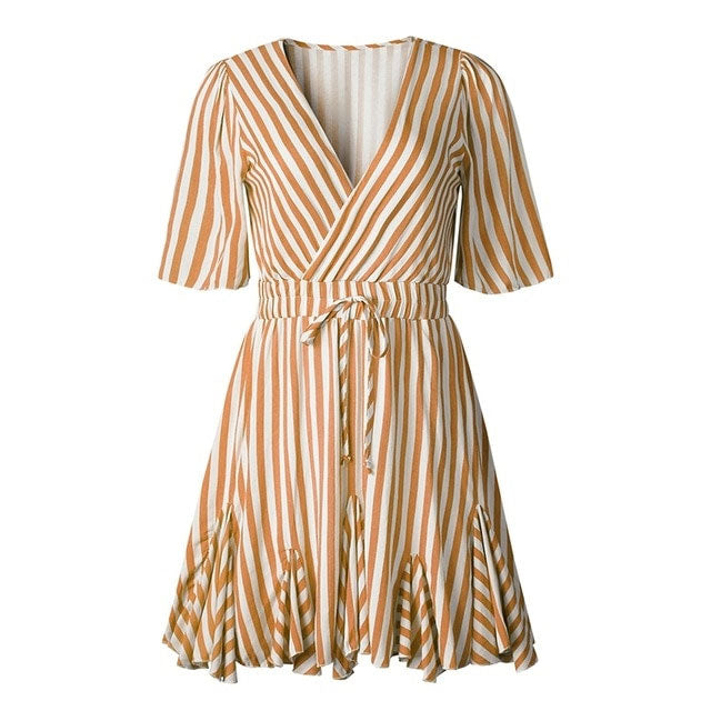 Sexy Vintage Striped V Neck Ruffle Cotton Short Sun Dress