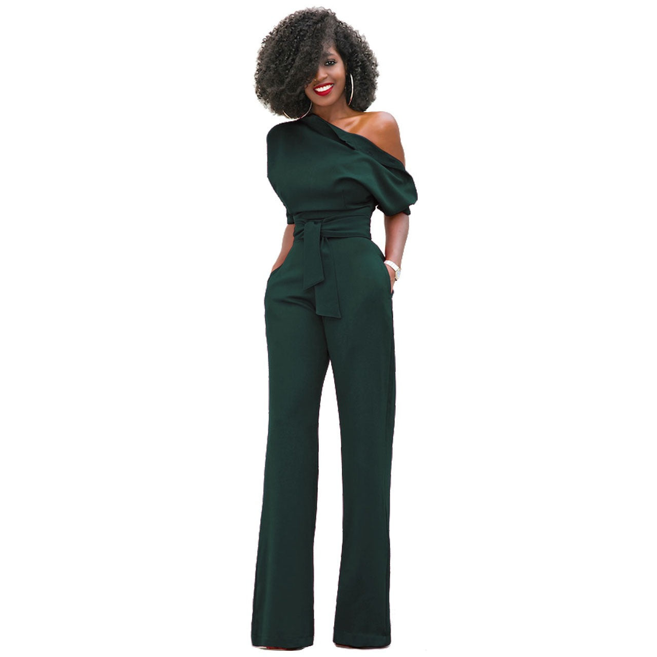 Sexy Diagonal Collar Button Up Jumpsuit