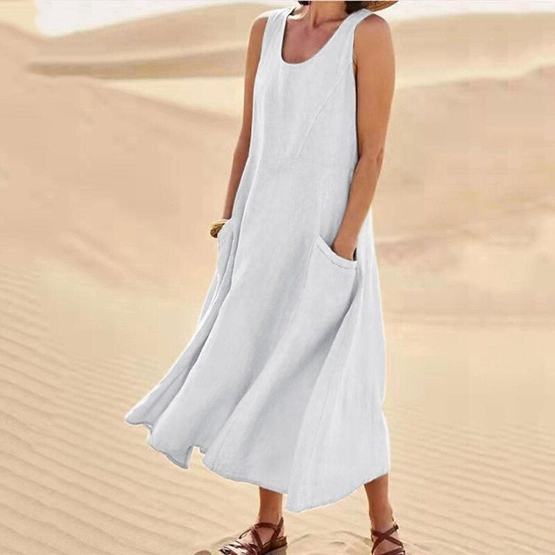 Pocket Sleeveless Round Neck Cotton and Linen Dress