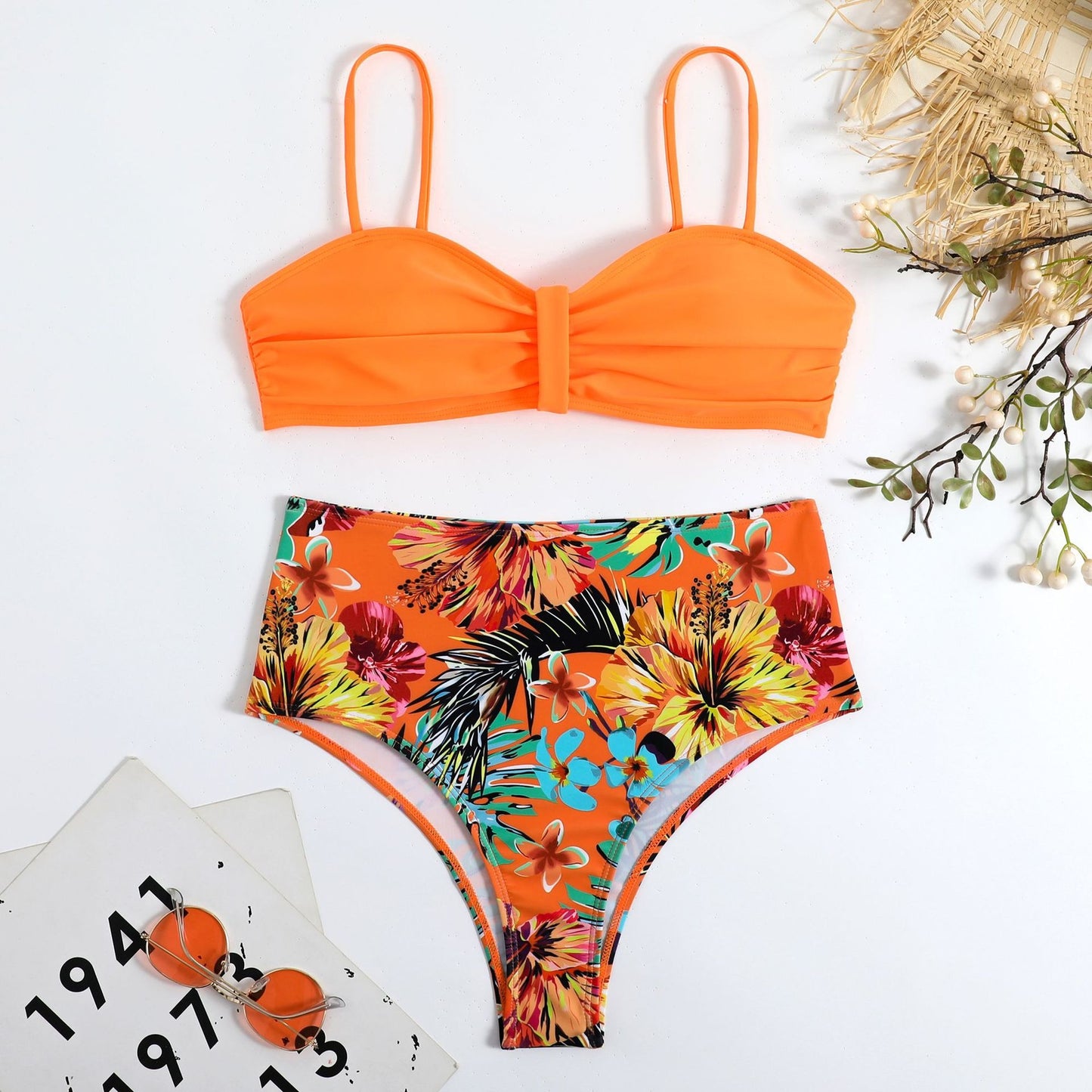 Sweet Tropical High Waisted & Ruched Front Padded Bra Top Bikini