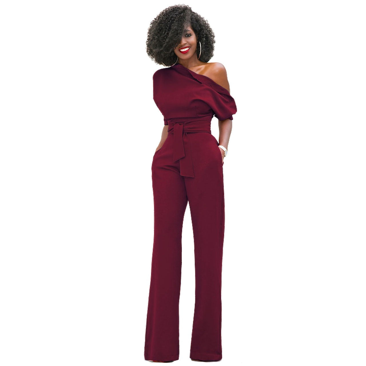 Sexy Diagonal Collar Button Up Jumpsuit