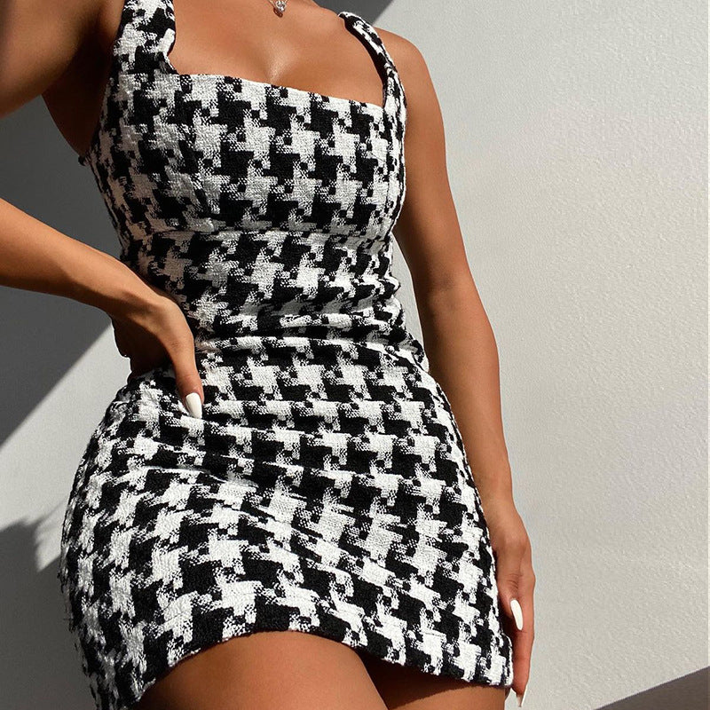 Houndstooth Square Neck Woolen Fitted Mini Dress