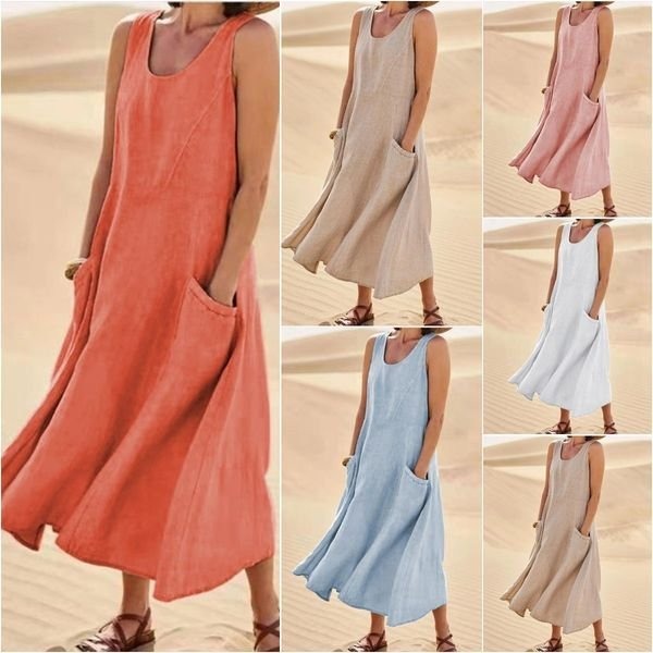 Pocket Sleeveless Round Neck Cotton and Linen Dress