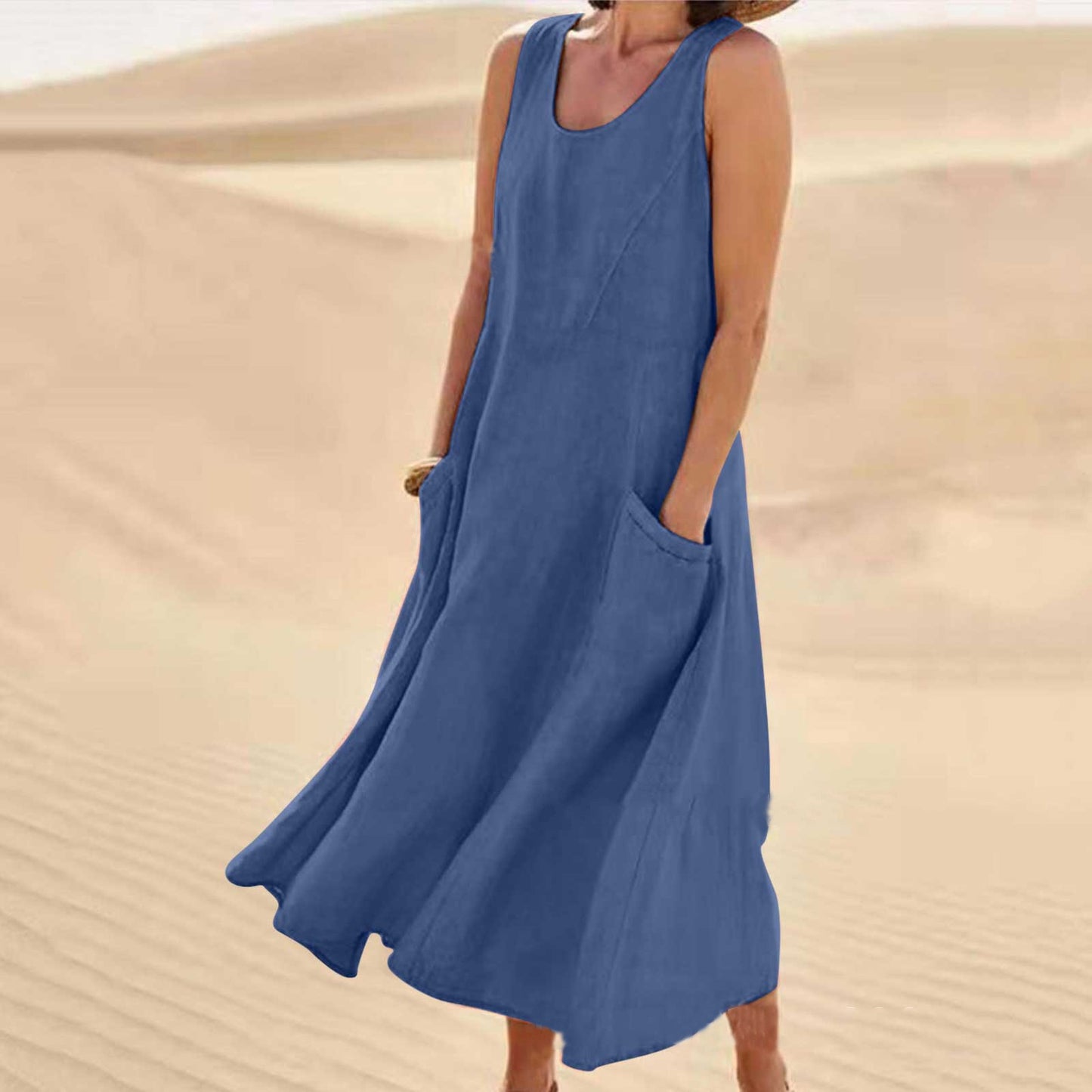 Pocket Sleeveless Round Neck Cotton and Linen Dress