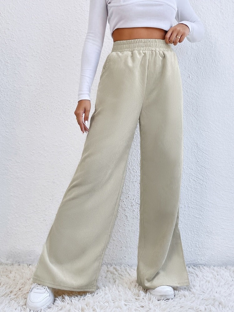 High Waist Casual Corduroy Splice Slit Bottom Pants