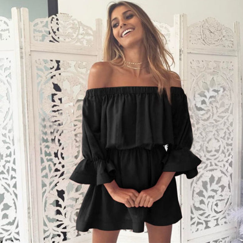 Sexy Summer Solid Off Shoulder Lantern Sleeve Mini Dress