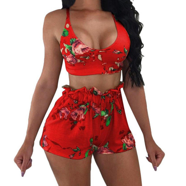 Casual Floral Print Crop Tank & Shorts Set