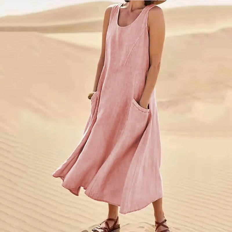 Pocket Sleeveless Round Neck Cotton and Linen Dress