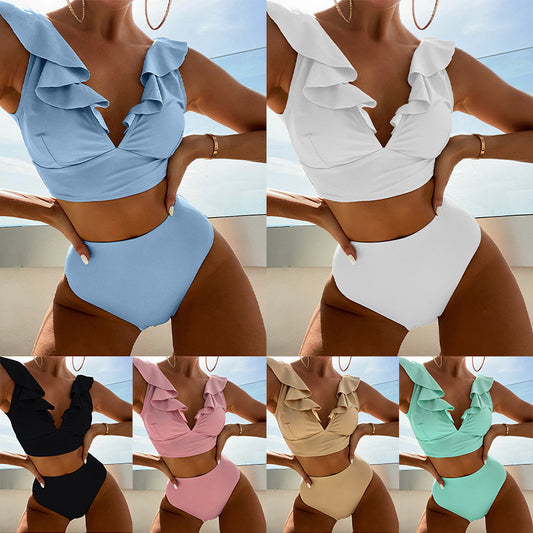 Sweet & Sexy Ruffled V Neck High Waist Bikini