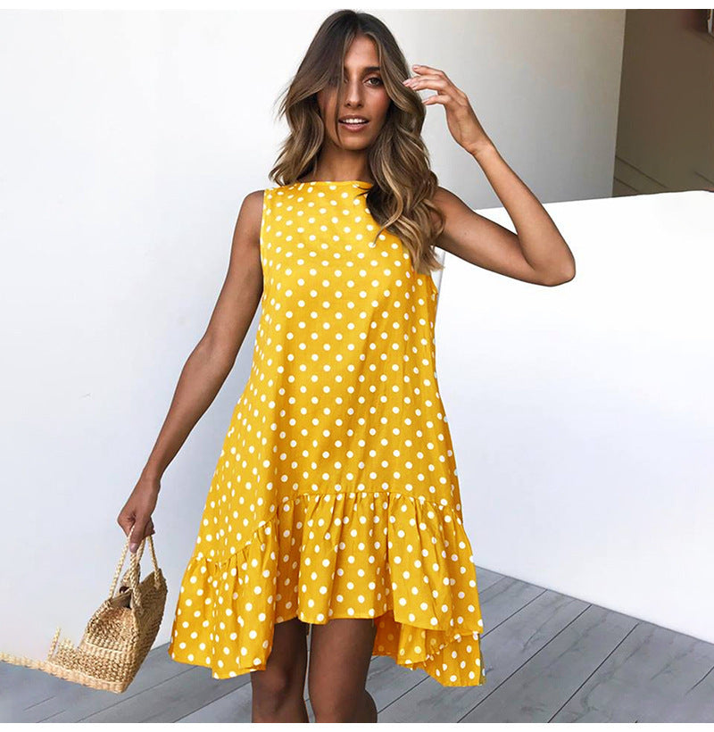 Round Neck Sleeveless Polka Dot Loose Swing Ruffle Dress