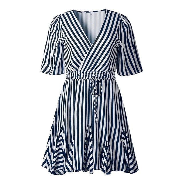 Sexy Vintage Striped V Neck Ruffle Cotton Short Sun Dress