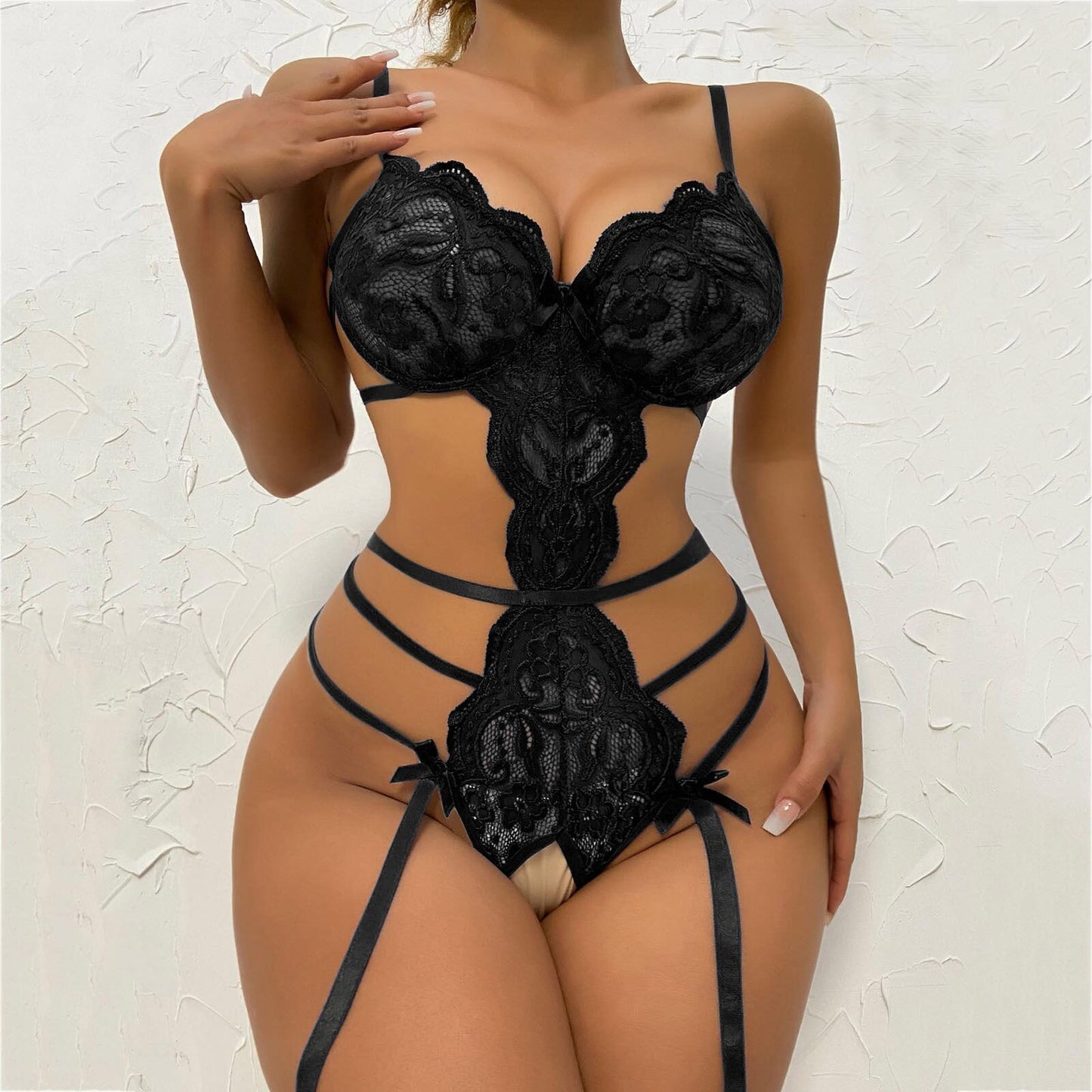 Erotic Lace Bodysuit with Attached Garter