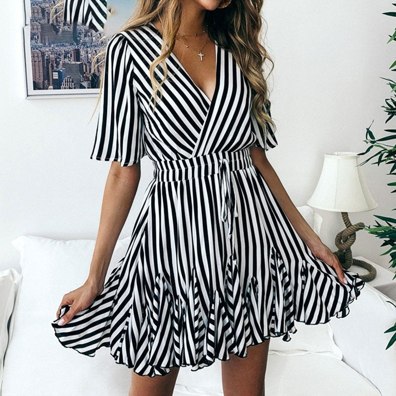 Sexy Vintage Striped V Neck Ruffle Cotton Short Sun Dress