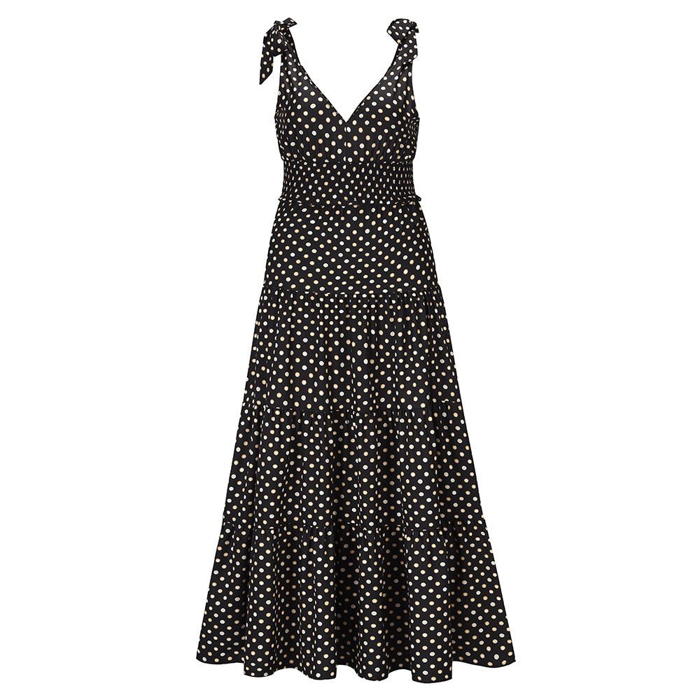 Sweet & Sexy Polka Dot V-Neck Shoulder Tie Swing Skirt Maxi Dress