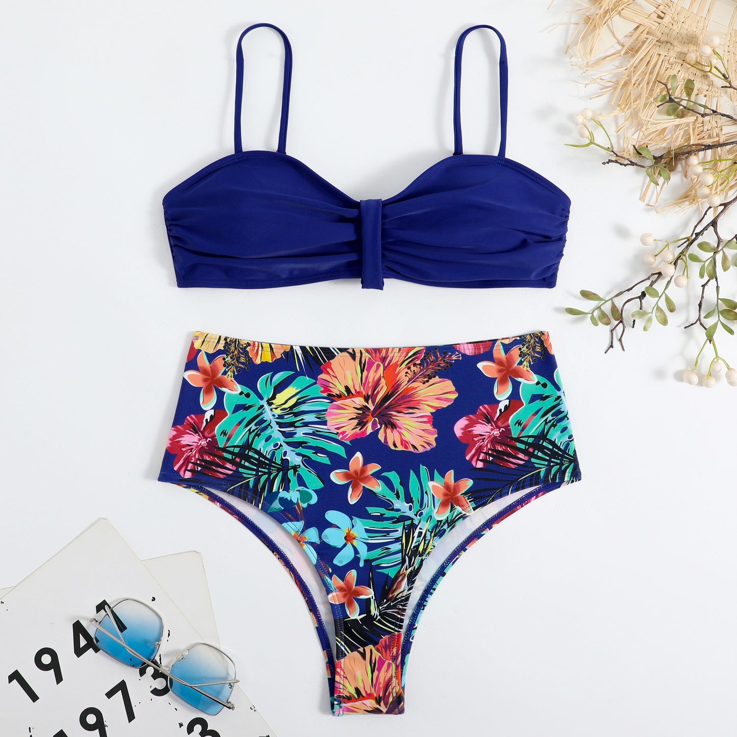 Sweet Tropical High Waisted & Ruched Front Padded Bra Top Bikini