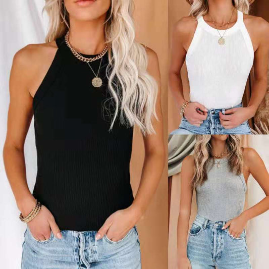 Versatile Threaded Round Halter Neck Casual Shirt