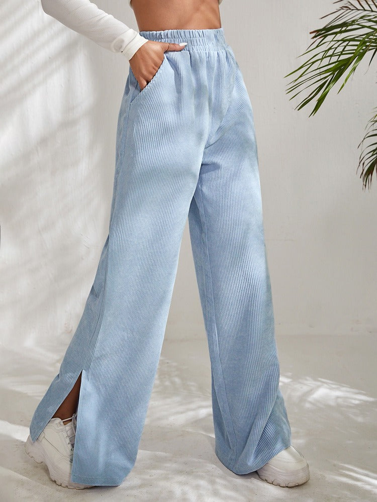 High Waist Casual Corduroy Splice Slit Bottom Pants