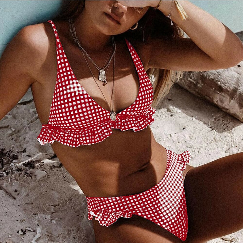 Pretty In Plaid High Waist Ruffle Bikini