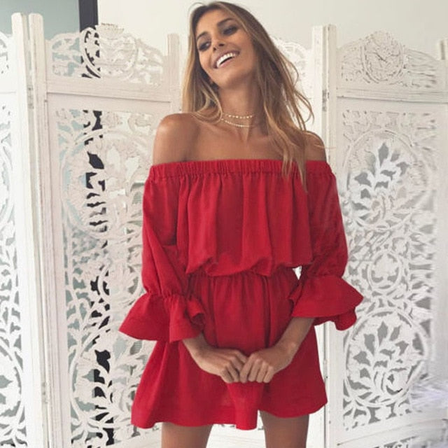 Sexy Summer Solid Off Shoulder Lantern Sleeve Mini Dress