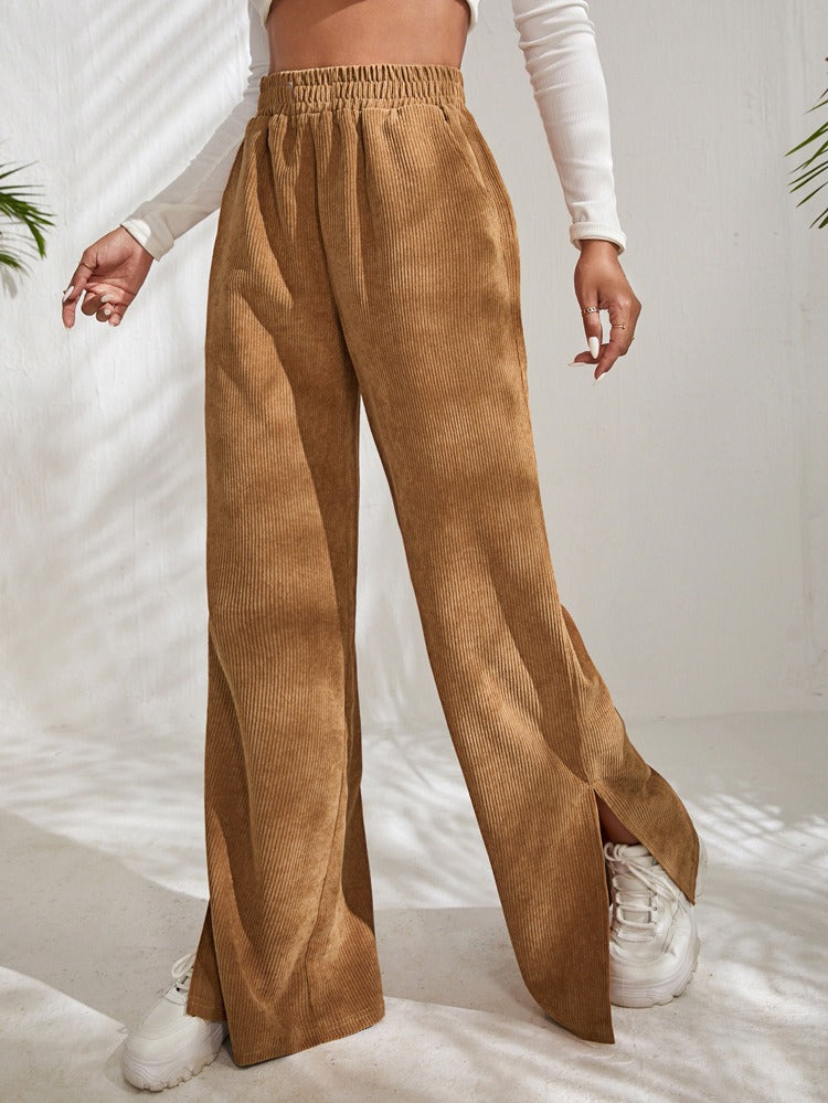High Waist Casual Corduroy Splice Slit Bottom Pants