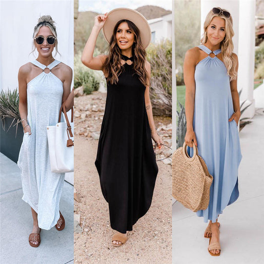 Sweet Summer Off-The-Shoulder Casual Halter Neck Long Pocket Dress