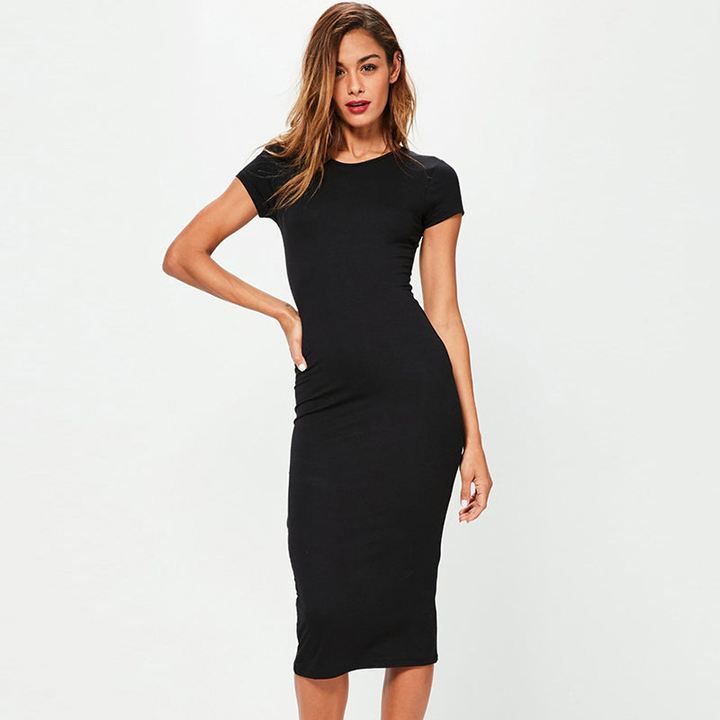 Short Sleeve O Neck Cotton Midi Dress