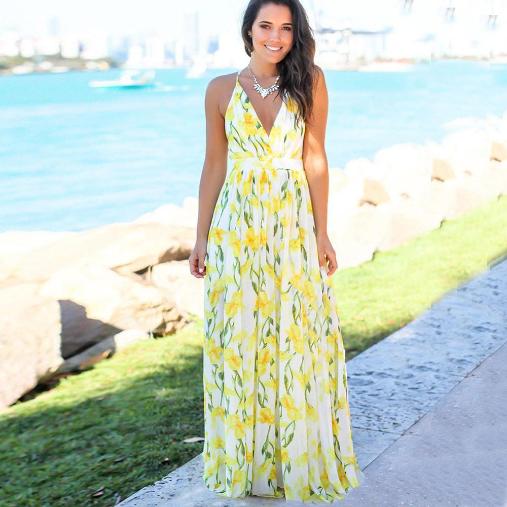 Sexy Sling Floral Maxi Dress Deep V-Neck