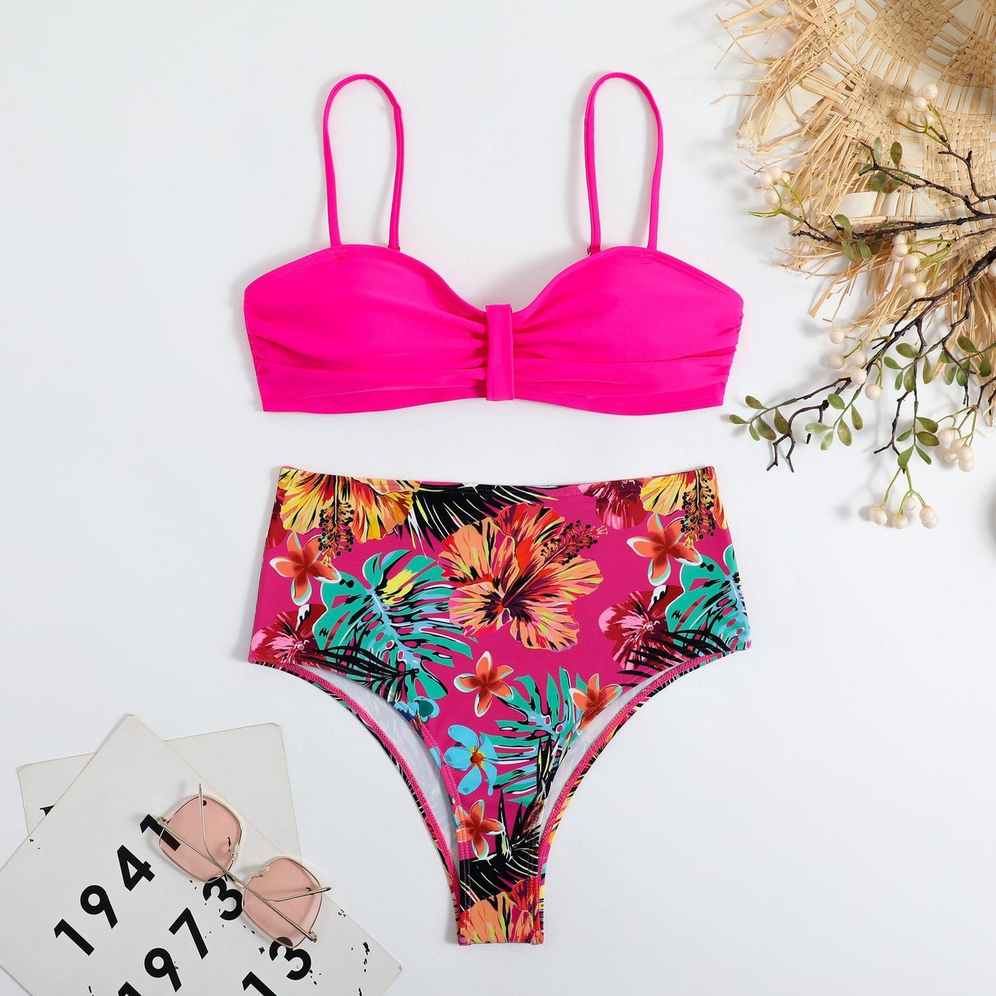 Sweet Tropical High Waisted & Ruched Front Padded Bra Top Bikini