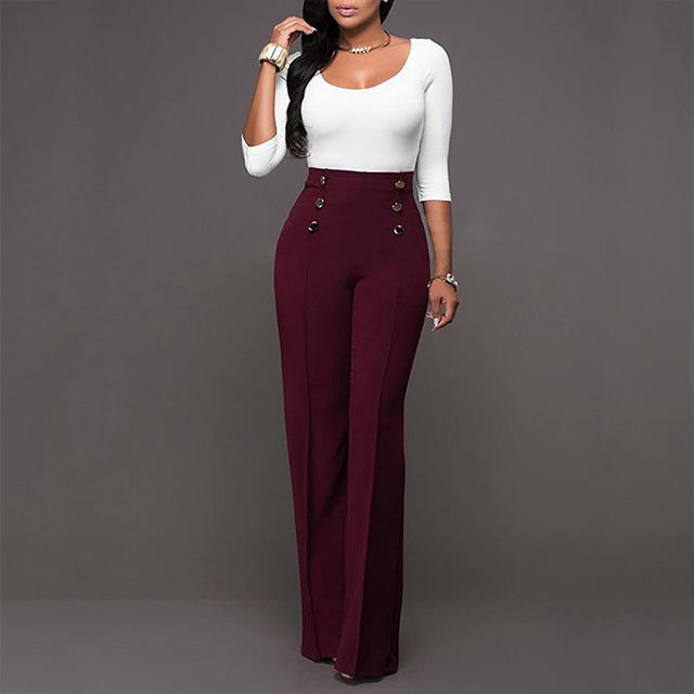 Button Accent Flare Leg High Waist Pants