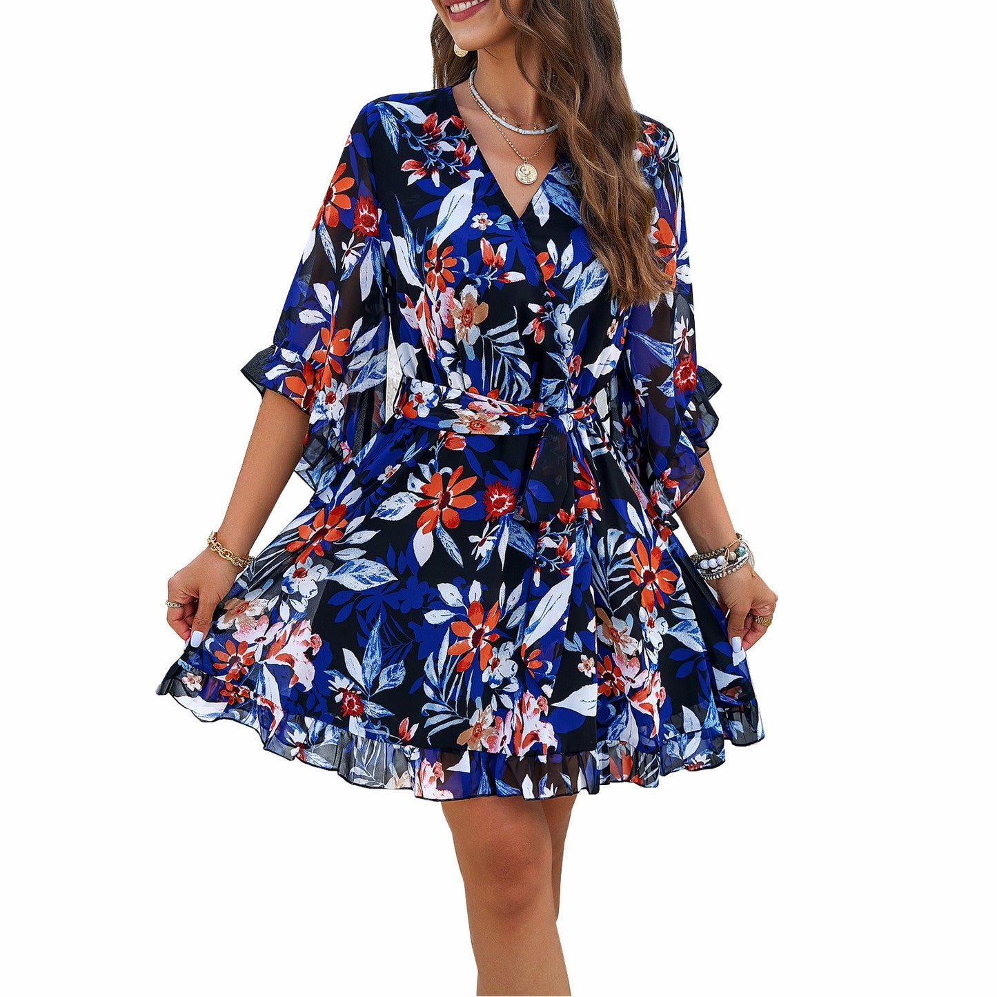 Spring/Summer Elegance High Waist Floral Print Wrap Dress