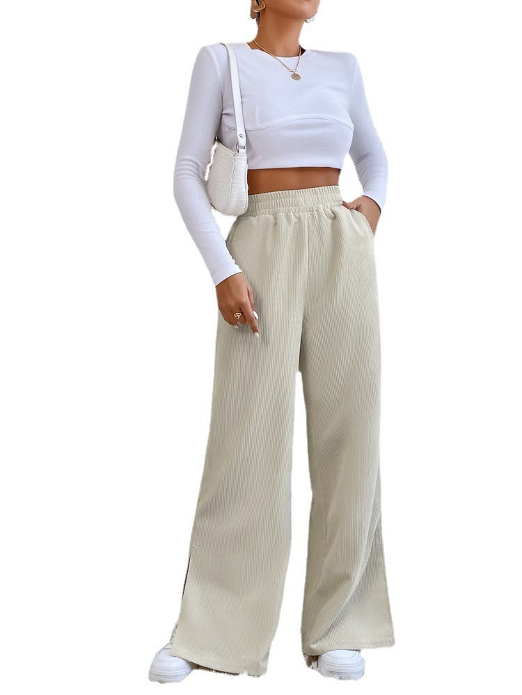 High Waist Casual Corduroy Splice Slit Bottom Pants