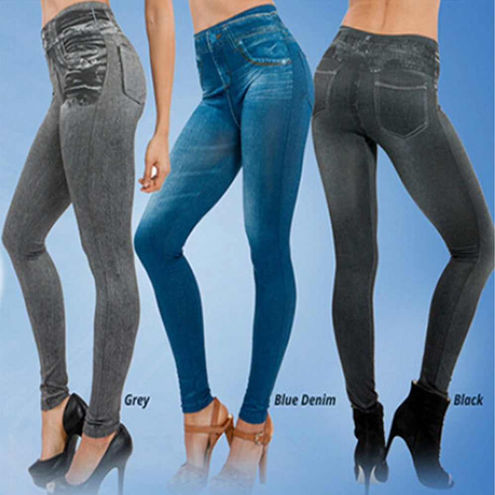 Fashion Faux Denim Jeans Leggings With Pockets
