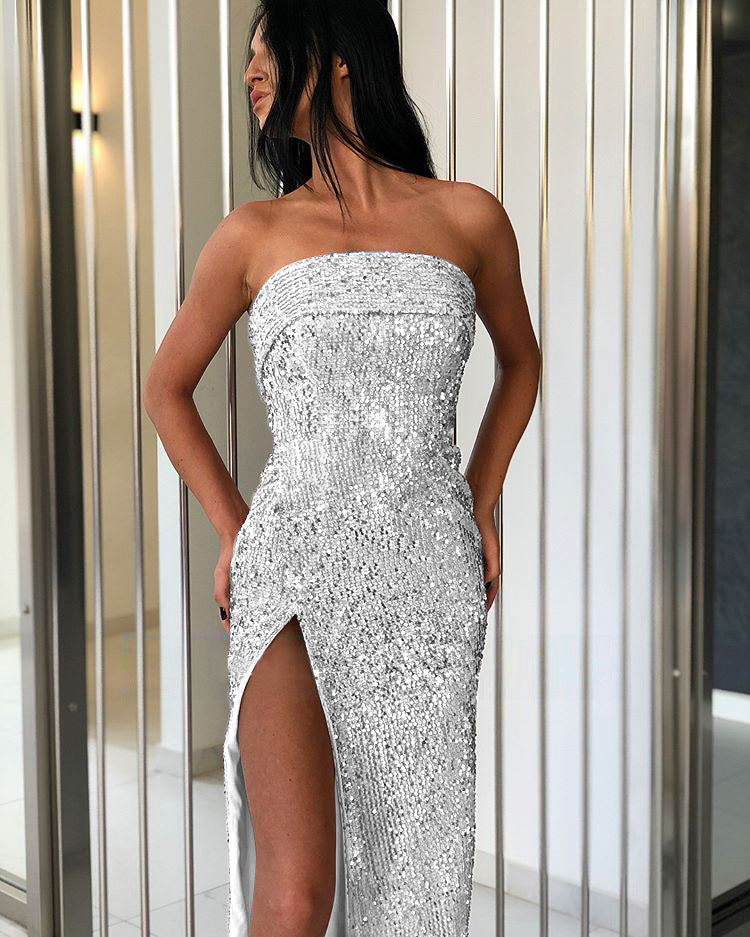 Sexy Strapless Stretch Tube Top Sequin Silver Front Slit Long Dress