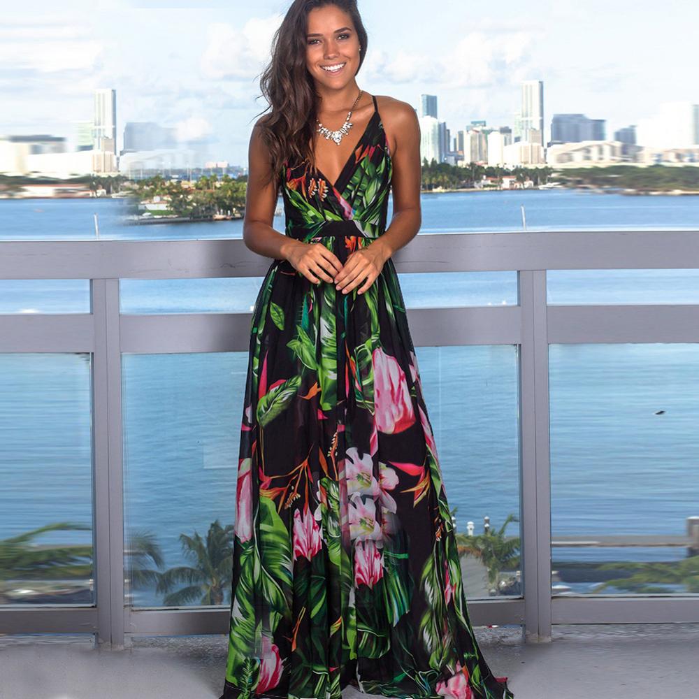 Sexy Sling Floral Maxi Dress Deep V-Neck