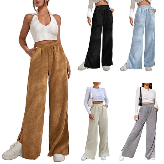 High Waist Casual Corduroy Splice Slit Bottom Pants