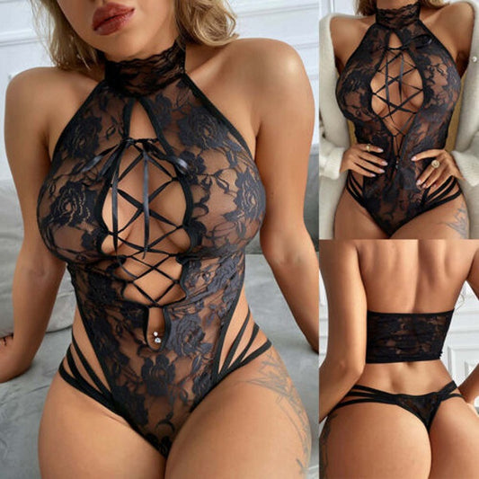 Sexy Lace Hollow Thong Bodysuit