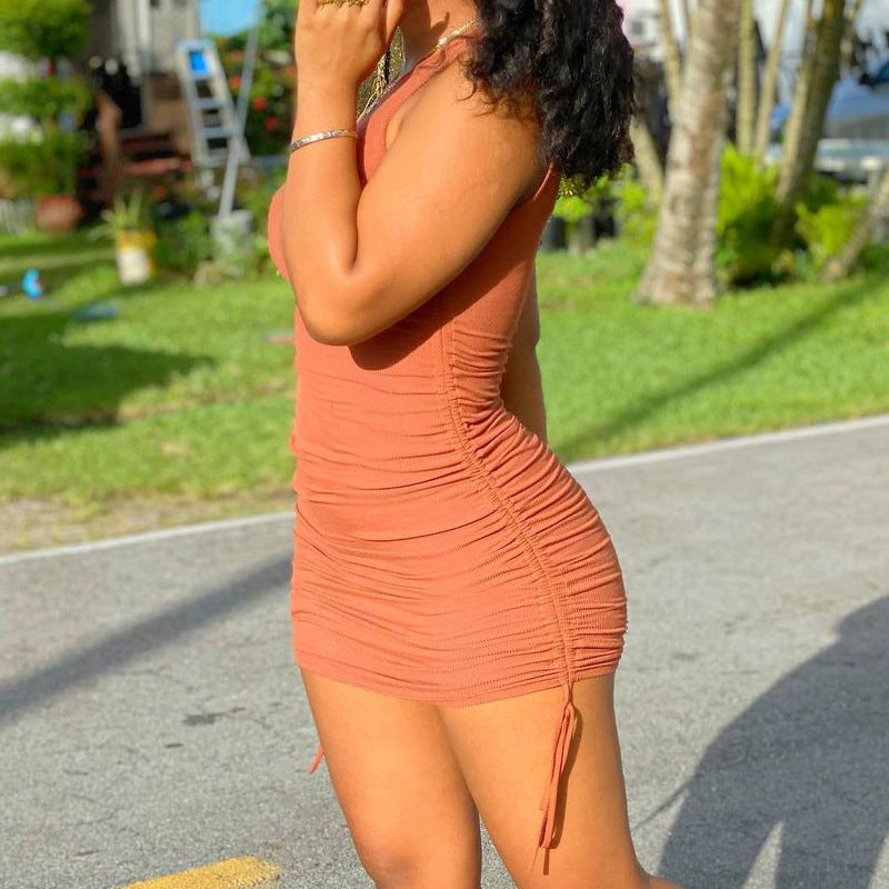 Fall Fun Drawstring Round Neck Fitted Dress